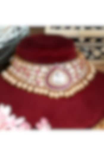 Gold Finish Ruby Kundan Polki & Pearl Choker Necklace Set by Beryachi at Pernia's Pop Up Shop