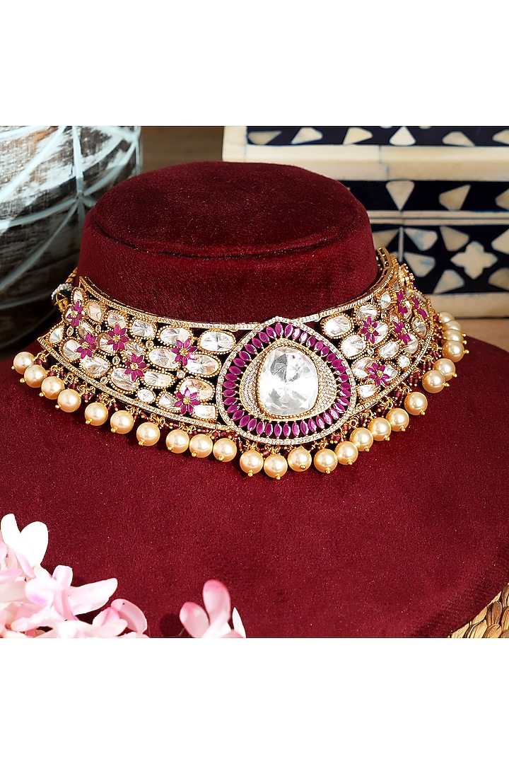 Gold Finish Ruby Kundan Polki & Pearl Choker Necklace Set by Beryachi at Pernia's Pop Up Shop