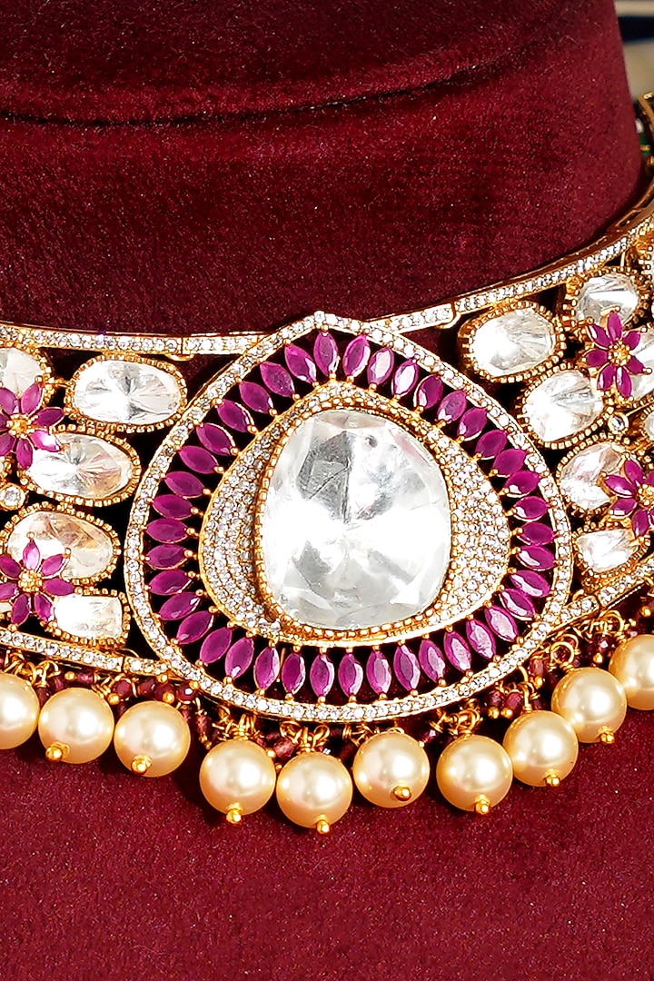 Gold Finish Ruby Kundan Polki & Pearl Choker Necklace Set by Beryachi at Pernia's Pop Up Shop
