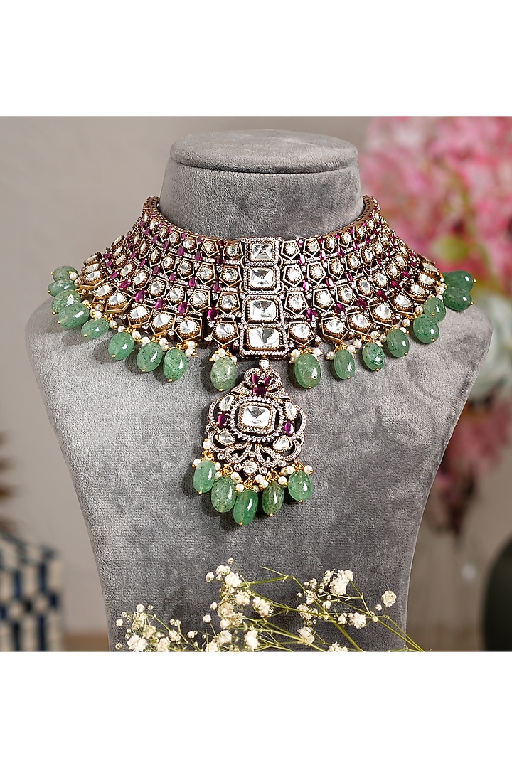 Gold Finish Kundan Polki & Semi-Precious Pearl Choker Necklace Set by Beryachi at Pernia's Pop Up Shop