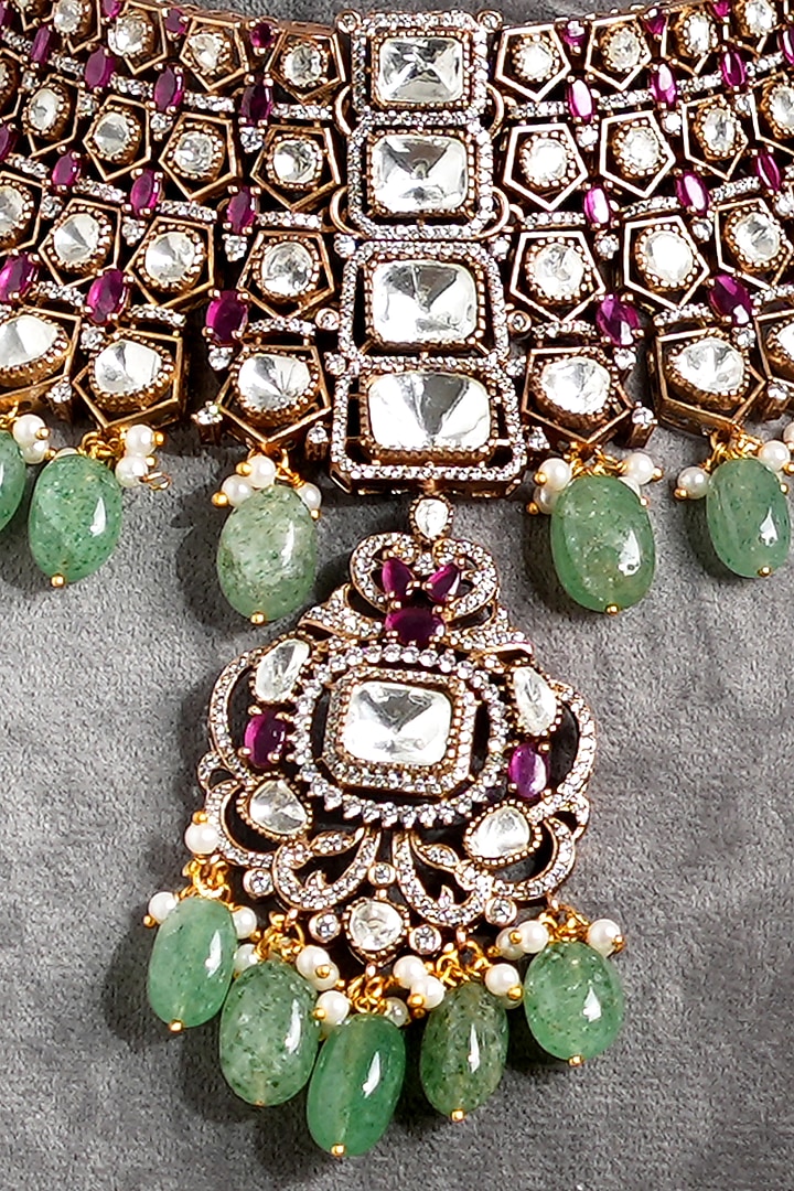 Gold Finish Kundan Polki & Semi-Precious Pearl Choker Necklace Set by Beryachi at Pernia's Pop Up Shop