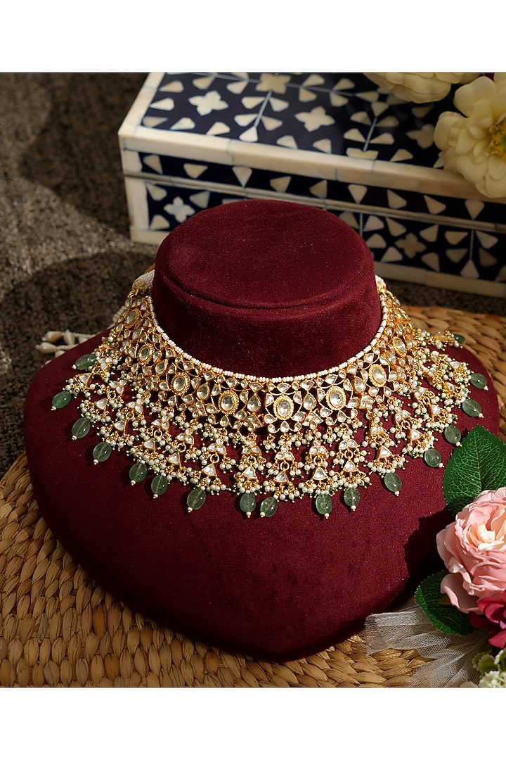 Gold Finish Pacchi Kundan Polki & Mint Pearl Choker Necklace Set by Beryachi at Pernia's Pop Up Shop
