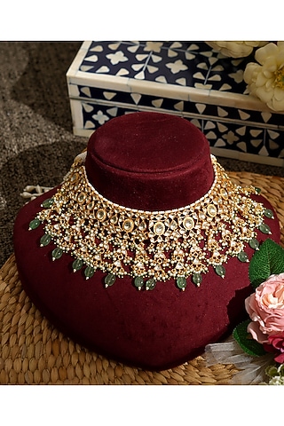 Gold Finish Pacchi Kundan Polki & Mint Pearl Choker Necklace Set by Beryachi