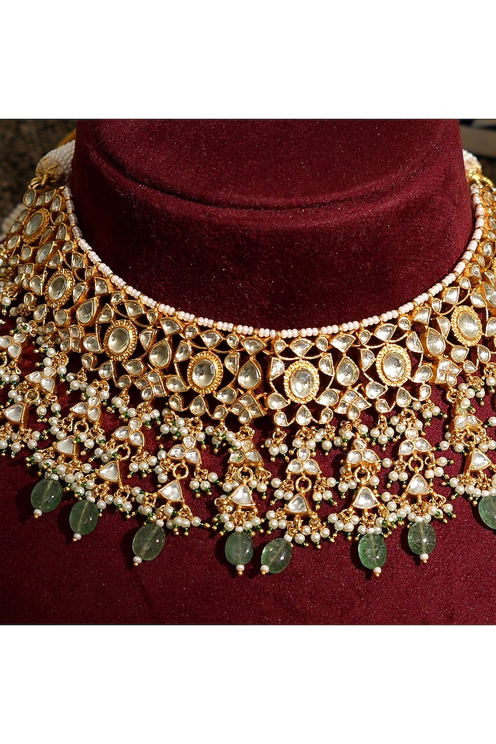 Gold Finish Pacchi Kundan Polki & Mint Pearl Choker Necklace Set by Beryachi at Pernia's Pop Up Shop