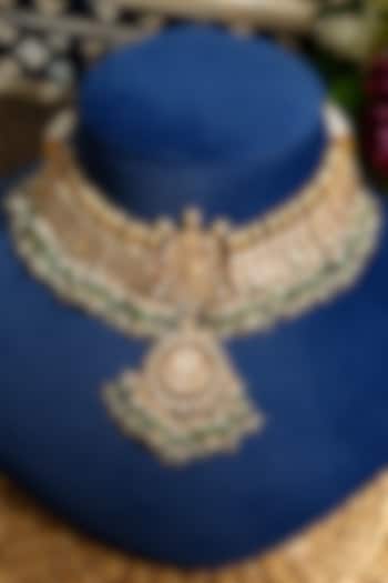 Gold Finish Pacchi Kundan Polki & Mint Pearl Floral Choker Necklace Set by Beryachi at Pernia's Pop Up Shop
