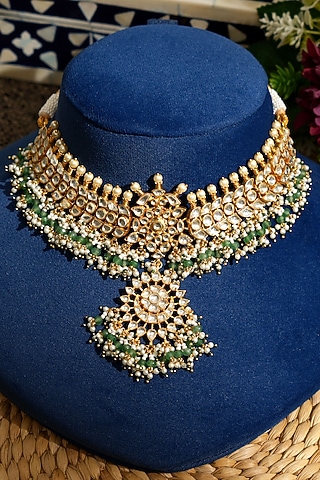 Gold Finish Pacchi Kundan Polki & Mint Pearl Floral Choker Necklace Set by Beryachi
