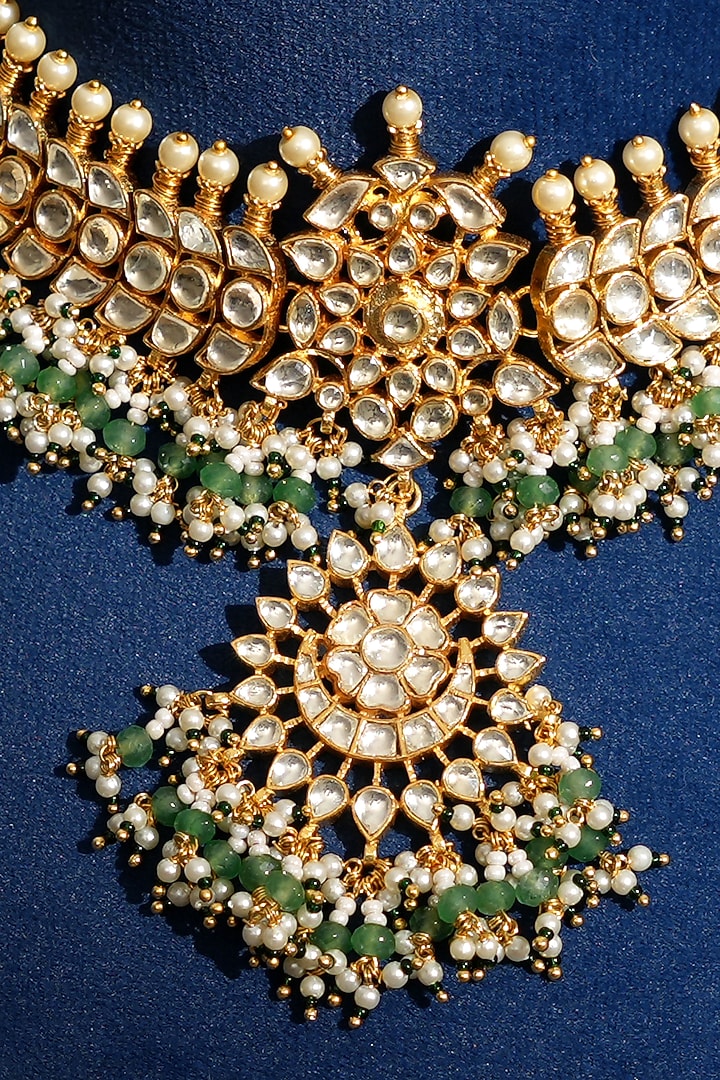 Gold Finish Pacchi Kundan Polki & Mint Pearl Floral Choker Necklace Set by Beryachi at Pernia's Pop Up Shop