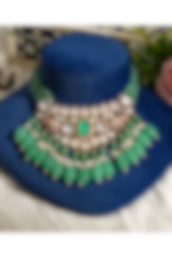 Gold Finish Pacchi Kundan Polki & Mint Pearl Floral Choker Necklace Set by Beryachi at Pernia's Pop Up Shop