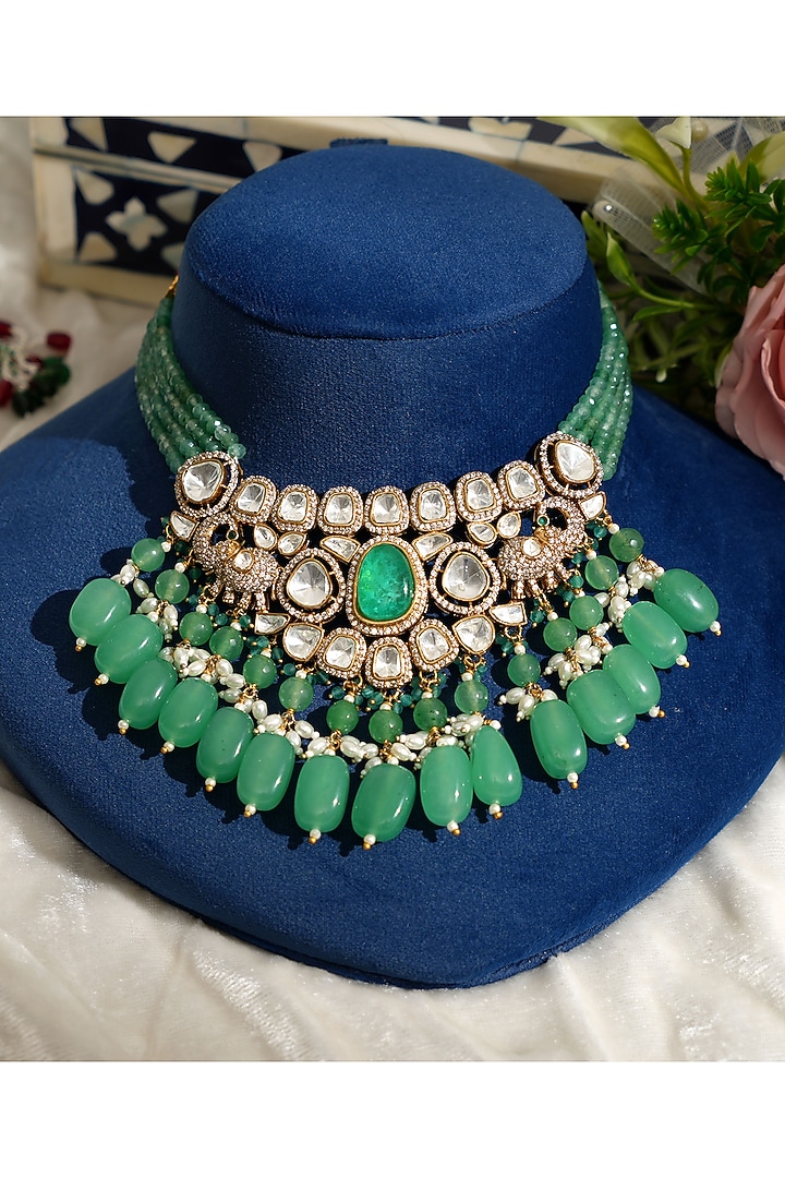 Gold Finish Pacchi Kundan Polki & Mint Pearl Floral Choker Necklace Set by Beryachi at Pernia's Pop Up Shop