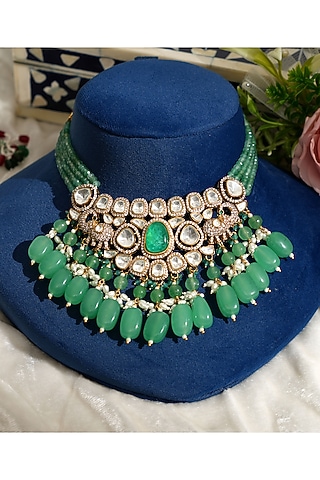 Gold Finish Pacchi Kundan Polki & Mint Pearl Floral Choker Necklace Set by Beryachi
