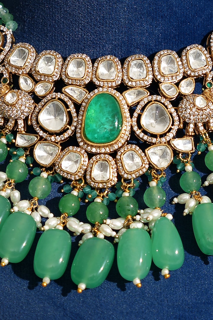 Gold Finish Pacchi Kundan Polki & Mint Pearl Floral Choker Necklace Set by Beryachi at Pernia's Pop Up Shop