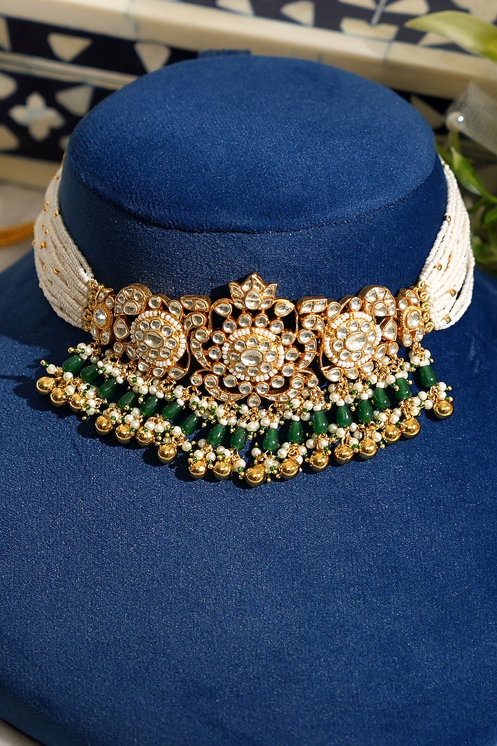 Gold Finish Pacchi Kundan Polki & Pearl Choker Necklace Set by Beryachi at Pernia's Pop Up Shop