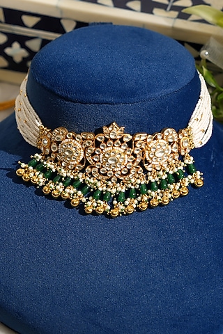 Gold Finish Pacchi Kundan Polki & Pearl Choker Necklace Set by Beryachi