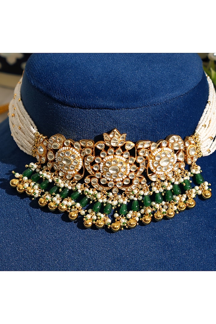 Gold Finish Pacchi Kundan Polki & Pearl Choker Necklace Set by Beryachi at Pernia's Pop Up Shop