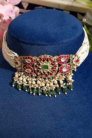Gold Finish Pacchi Kundan Polki & Pearl Choker Necklace Set by Beryachi