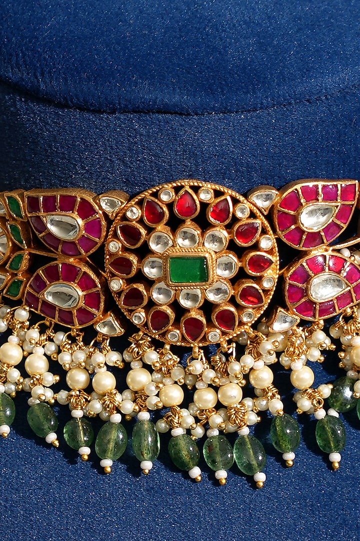 Gold Finish Pacchi Kundan Polki & Pearl Choker Necklace Set by Beryachi at Pernia's Pop Up Shop