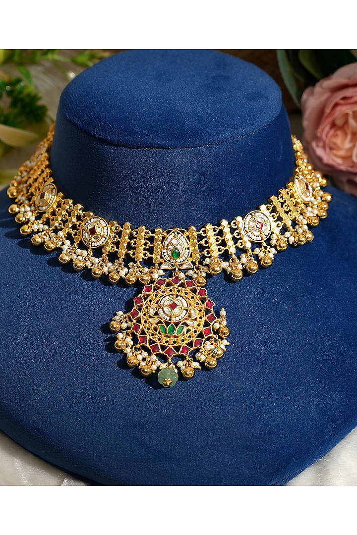 Gold Finish Pacchi Kundan Polki & Pearl Choker Necklace Set by Beryachi at Pernia's Pop Up Shop
