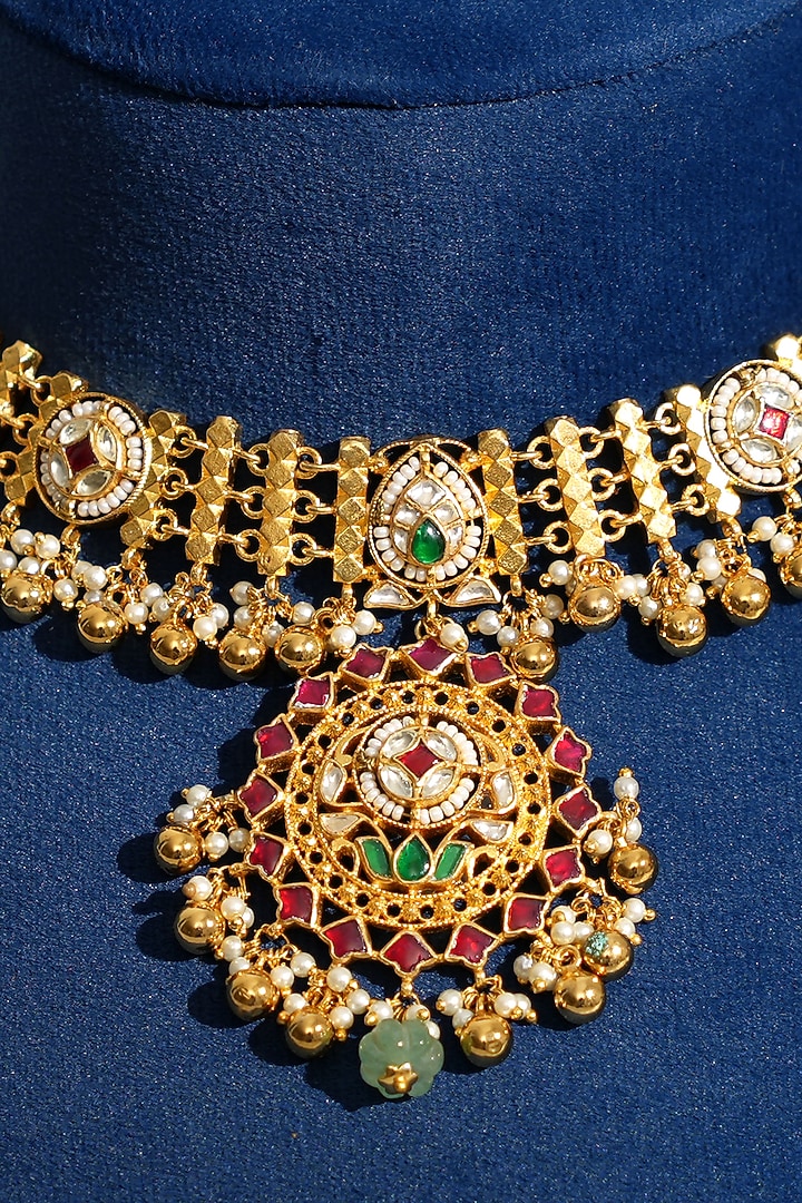 Gold Finish Pacchi Kundan Polki & Pearl Choker Necklace Set by Beryachi at Pernia's Pop Up Shop