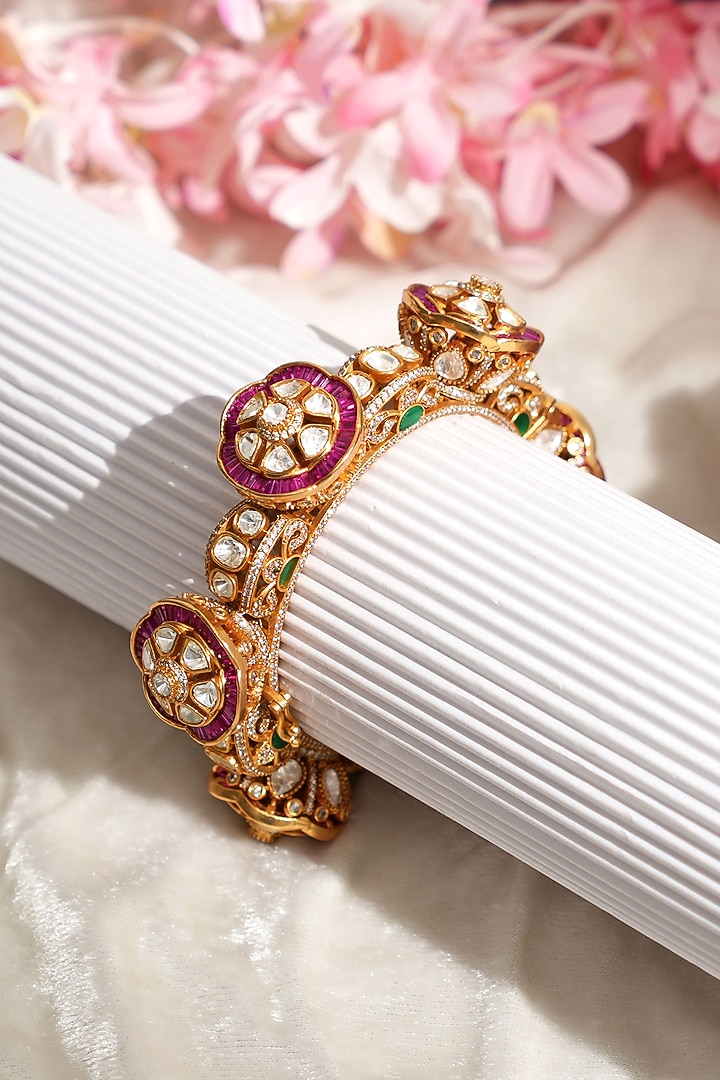 Gold Finish Pacchi Kundan Polki & Ruby Ston Openable Bangle by Beryachi at Pernia's Pop Up Shop