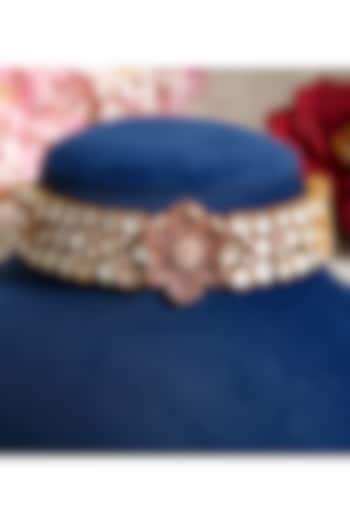 Gold Finish Pacchi Kundan Polki & Ruby Pink Stone Floral Choker Necklace Set by Beryachi at Pernia's Pop Up Shop