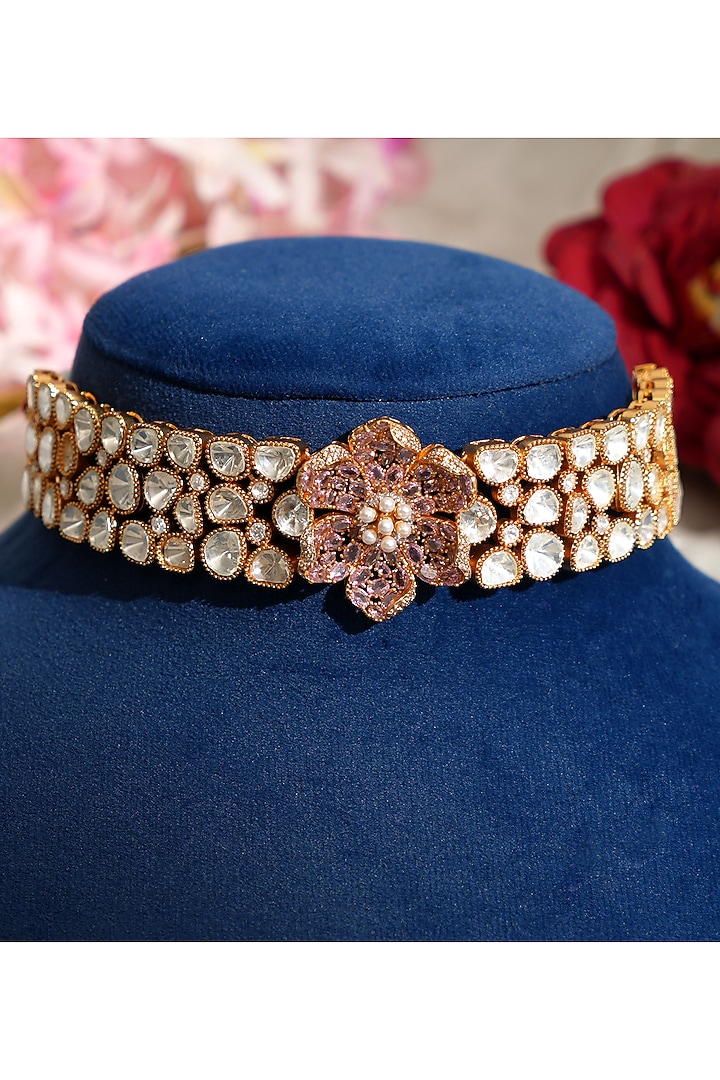 Gold Finish Pacchi Kundan Polki & Ruby Pink Stone Floral Choker Necklace Set by Beryachi at Pernia's Pop Up Shop