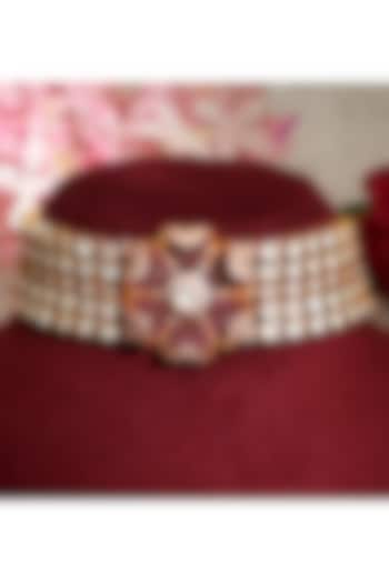 Gold Finish Pacchi Kundan Polki & Floral Motif Choker Necklace Set by Beryachi at Pernia's Pop Up Shop