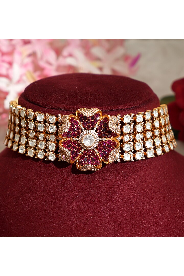 Gold Finish Pacchi Kundan Polki & Floral Motif Choker Necklace Set by Beryachi at Pernia's Pop Up Shop