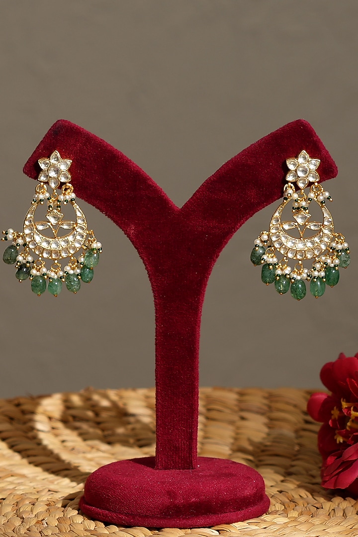 Gold Finish Pacchi Kundan Polki & Emerald Drop Chandbali Earrings by Beryachi at Pernia's Pop Up Shop