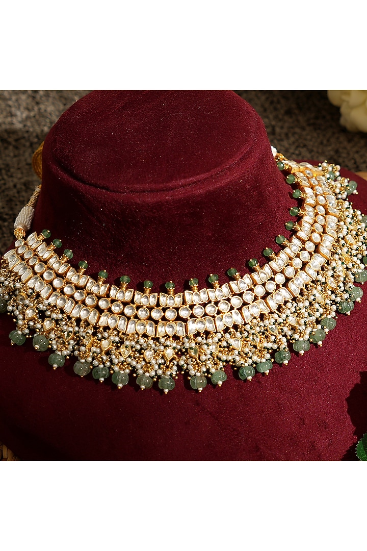Gold Finish Pacchi Kundan Polki Floral Necklace Set by Beryachi at Pernia's Pop Up Shop