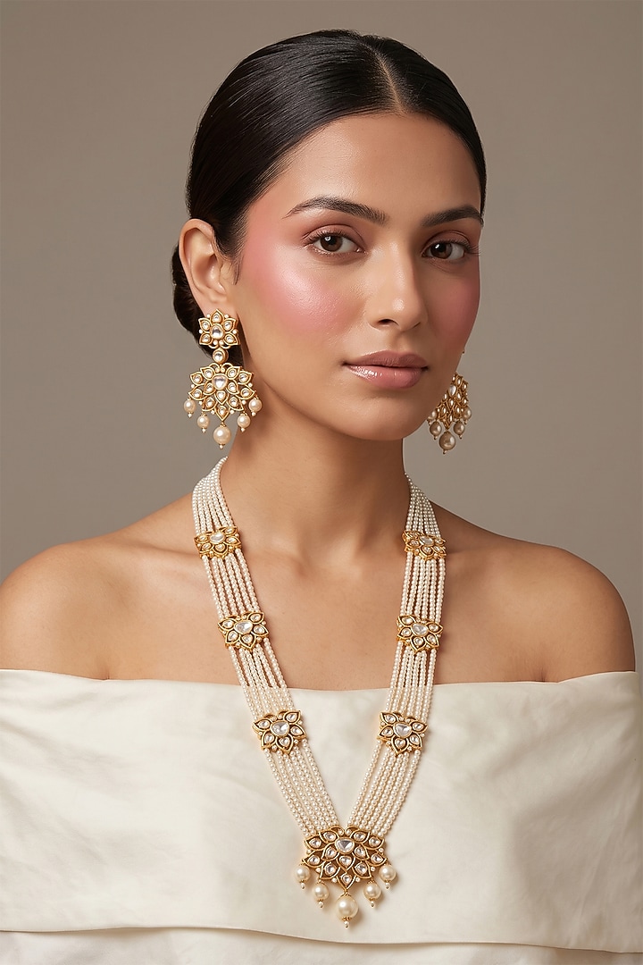 Gold Finish Kundan Polki Long Layered Necklace Set by Beryachi at Pernia's Pop Up Shop