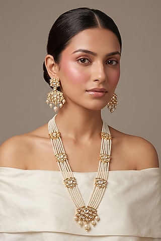 Gold Finish Kundan Polki Long Layered Necklace Set by beryachi
