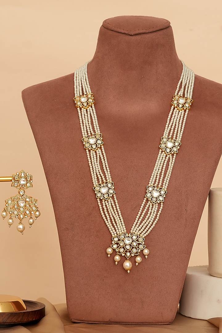 Gold Finish Kundan Polki Long Layered Necklace Set by Beryachi at Pernia's Pop Up Shop