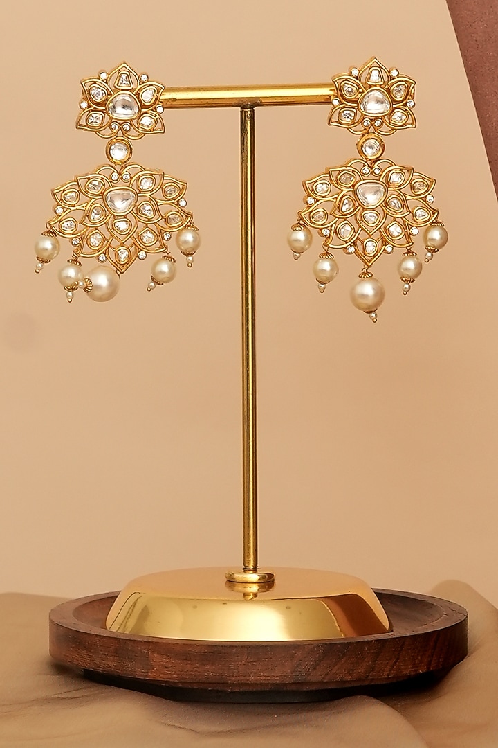 Gold Finish Kundan Polki Long Layered Necklace Set by Beryachi at Pernia's Pop Up Shop