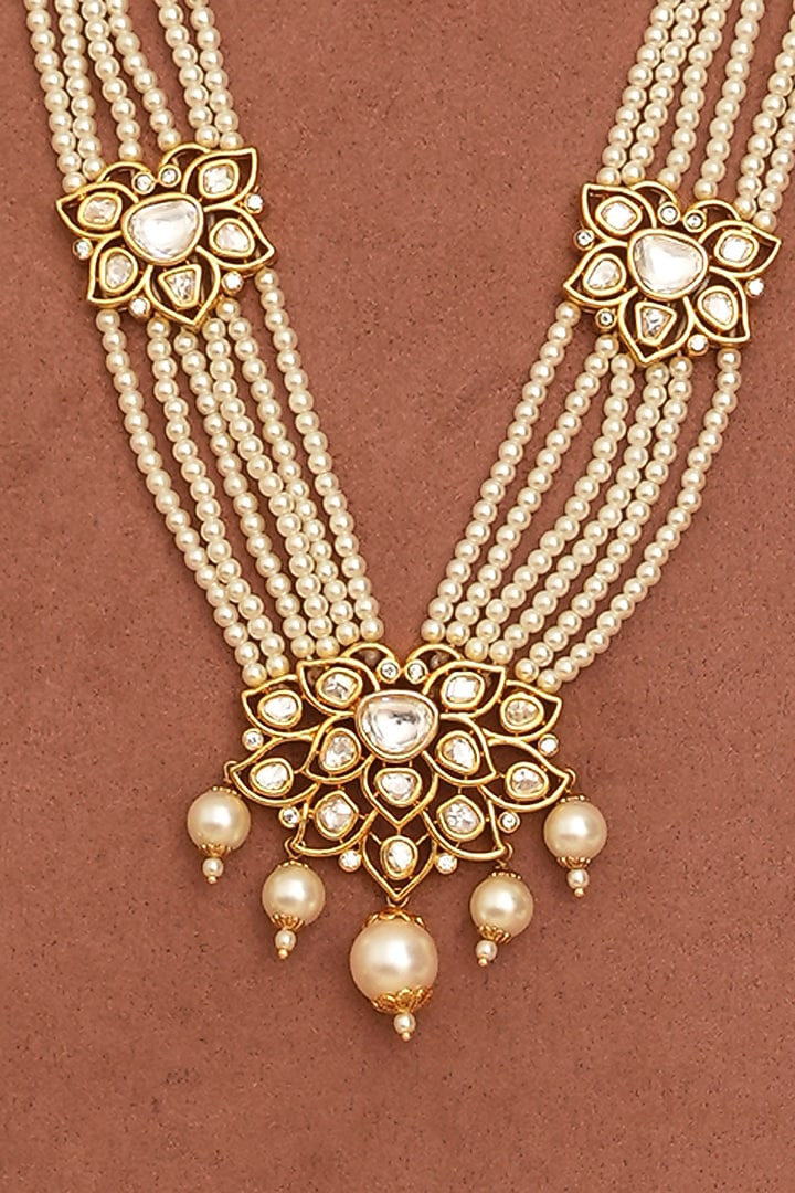 Gold Finish Kundan Polki Long Layered Necklace Set by Beryachi at Pernia's Pop Up Shop