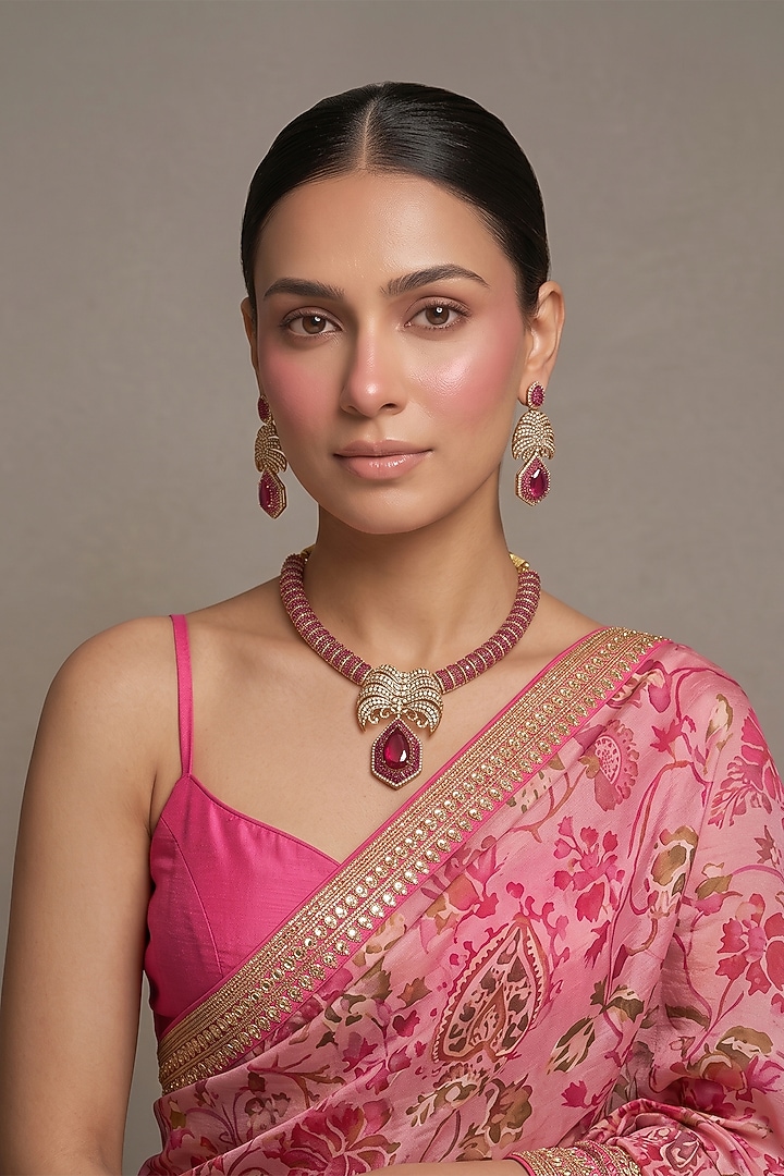 Gold Finish Kundan Polki & Ruby Stone Pendant Necklace Set by Beryachi at Pernia's Pop Up Shop