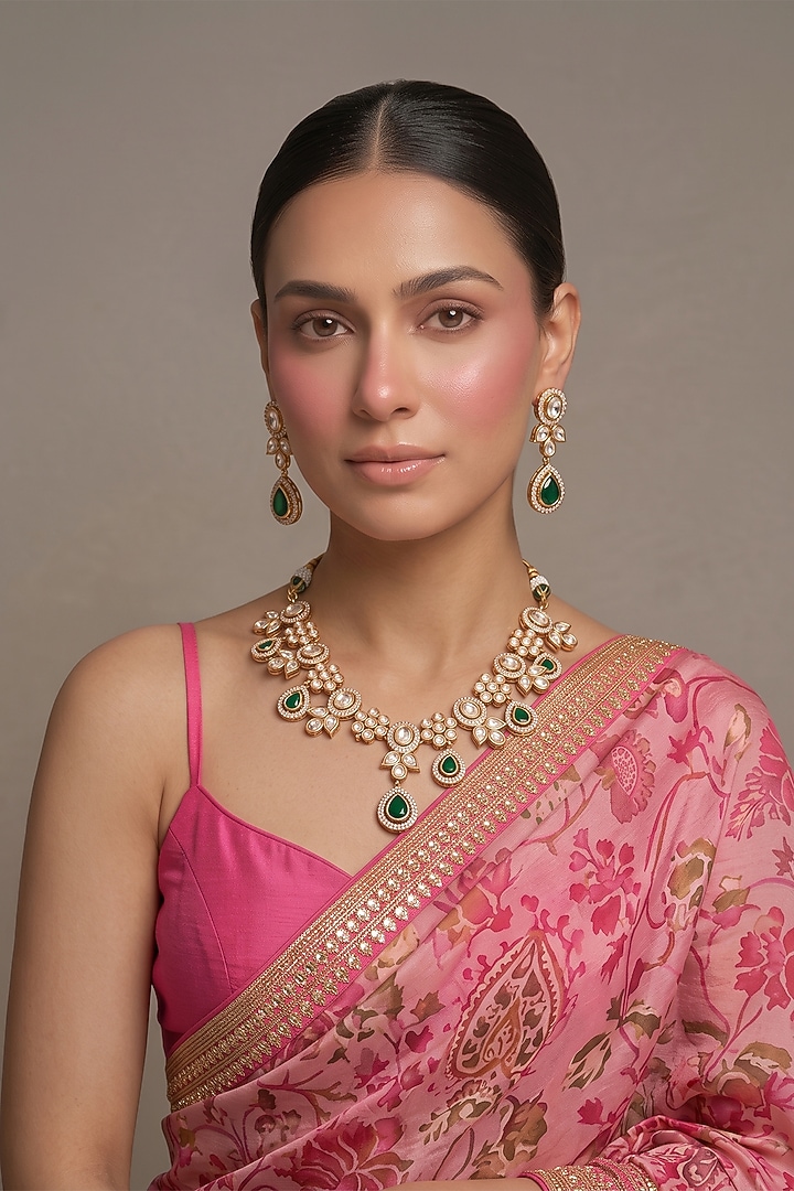 Gold Finish Kundan Polki & Green Stone Necklace Set by Beryachi at Pernia's Pop Up Shop