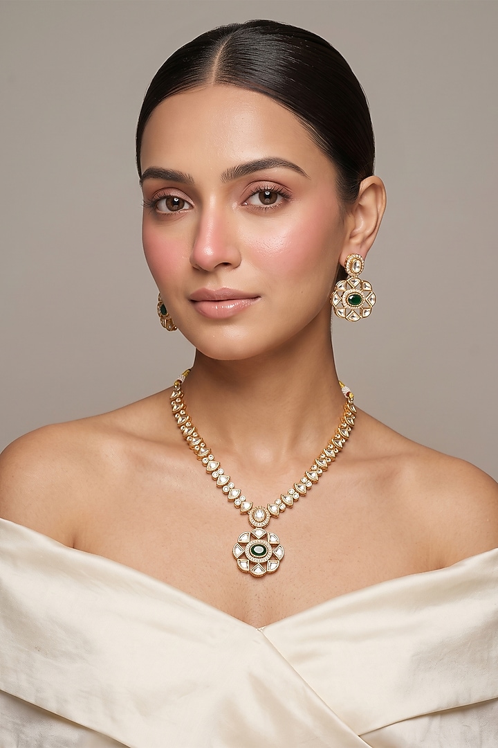 Gold Finish Kundan Polki & Green Stone Pendant Necklace Set by Beryachi at Pernia's Pop Up Shop