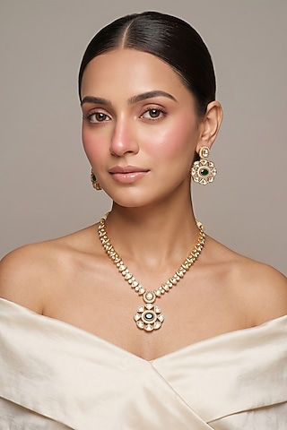 Gold Finish Kundan Polki & Green Stone Pendant Necklace Set by beryachi