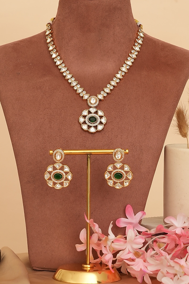 Gold Finish Kundan Polki & Green Stone Pendant Necklace Set by Beryachi at Pernia's Pop Up Shop
