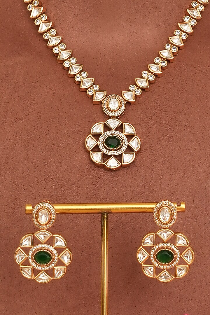Gold Finish Kundan Polki & Green Stone Pendant Necklace Set by Beryachi at Pernia's Pop Up Shop
