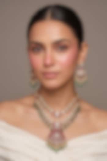 Gold Finish Kundan Polki & Green Stone Long Pendant Necklace Set by Beryachi at Pernia's Pop Up Shop