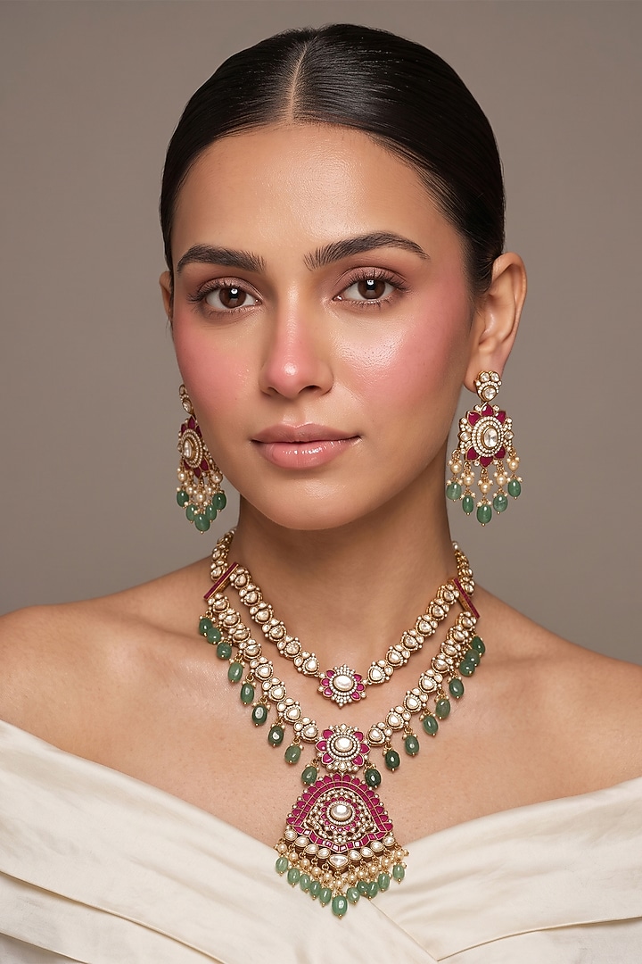 Gold Finish Kundan Polki & Green Stone Long Pendant Necklace Set by Beryachi at Pernia's Pop Up Shop