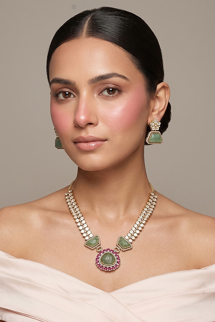 Gold Finish Kundan Polki & Green Stone Necklace Set by Beryachi at Pernia's Pop Up Shop