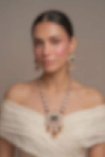 Gold Finish Kundan Polki & Green Stone Long Necklace Set by Beryachi at Pernia's Pop Up Shop