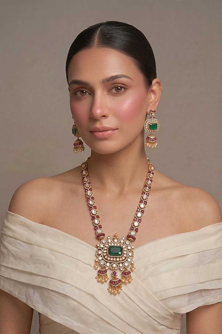 Gold Finish Kundan Polki & Green Stone Long Necklace Set by Beryachi at Pernia's Pop Up Shop