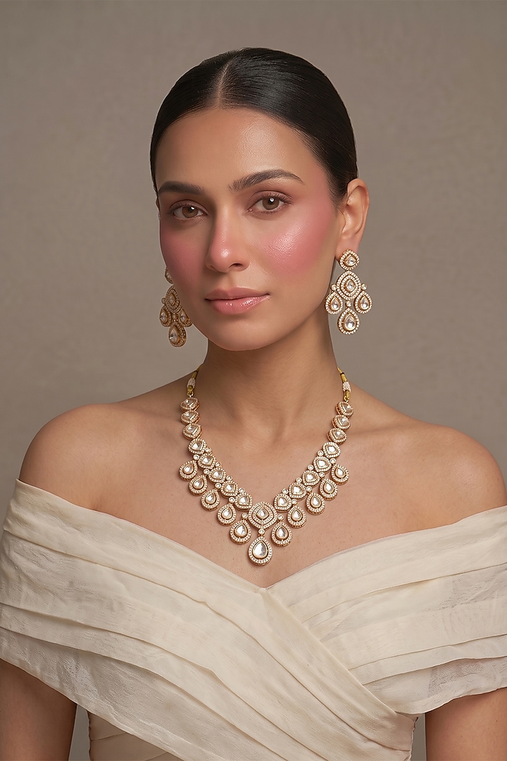 Gold Finish Kundan Polki Necklace Set by Beryachi at Pernia's Pop Up Shop