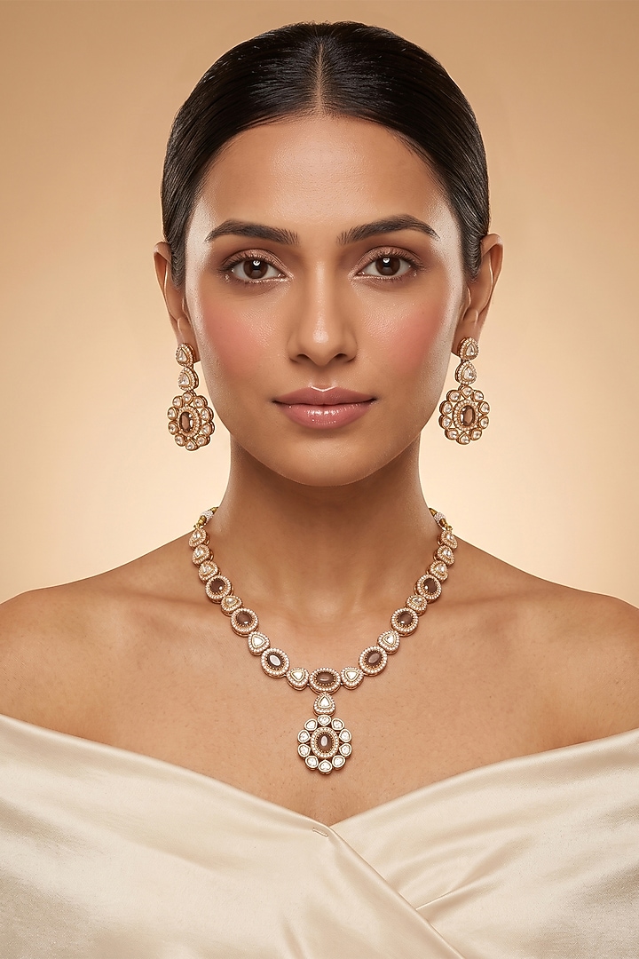 Gold Finish Kundan Polki Pendant Necklace Set by Beryachi at Pernia's Pop Up Shop
