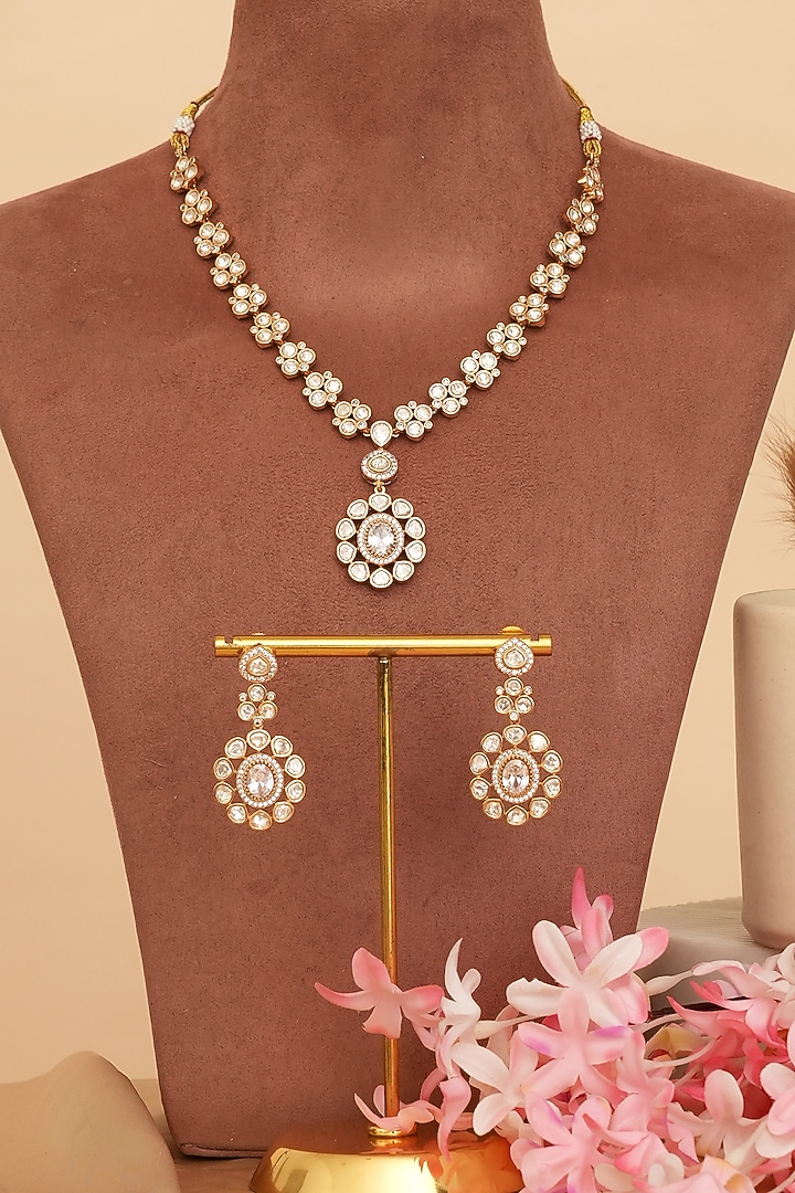 Gold Finish Kundan Polki Pendant Necklace Set by Beryachi at Pernia's Pop Up Shop
