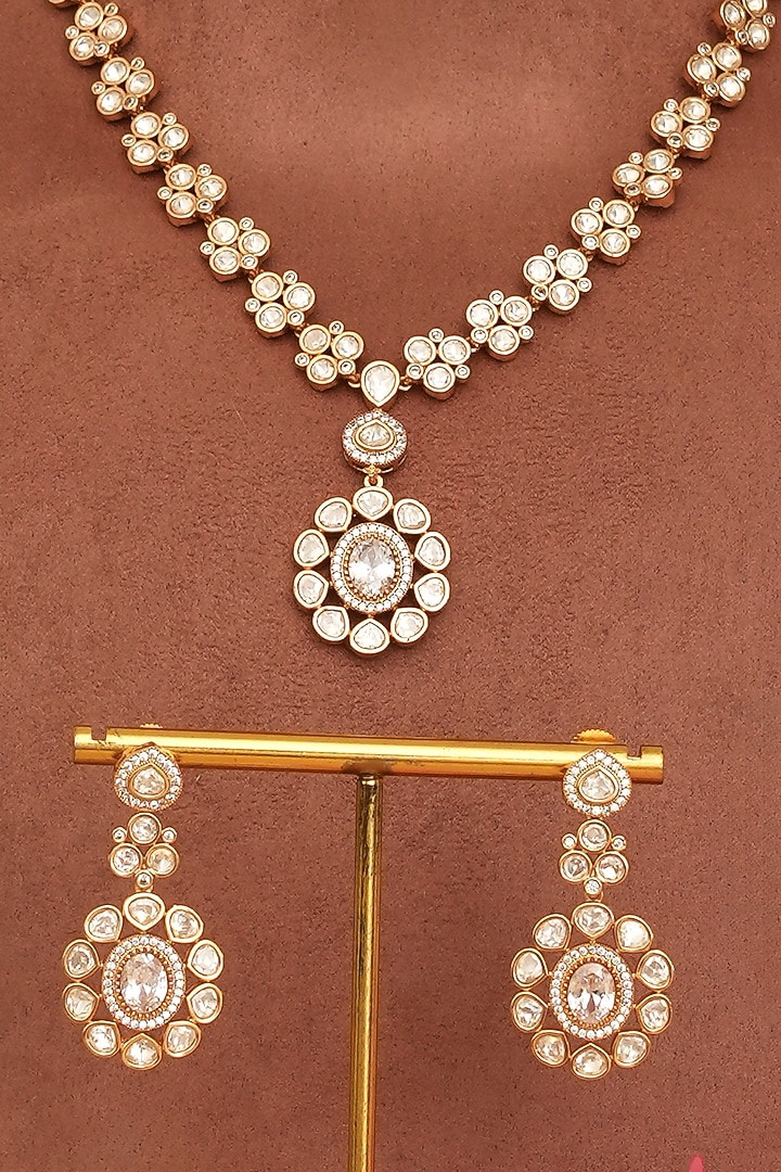 Gold Finish Kundan Polki Pendant Necklace Set by Beryachi at Pernia's Pop Up Shop