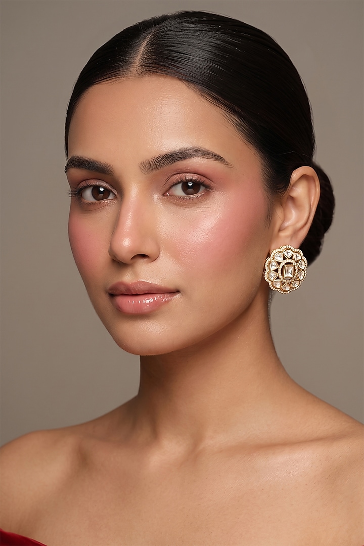 Gold Finish Kundan Polki Stud Earrings by Beryachi at Pernia's Pop Up Shop